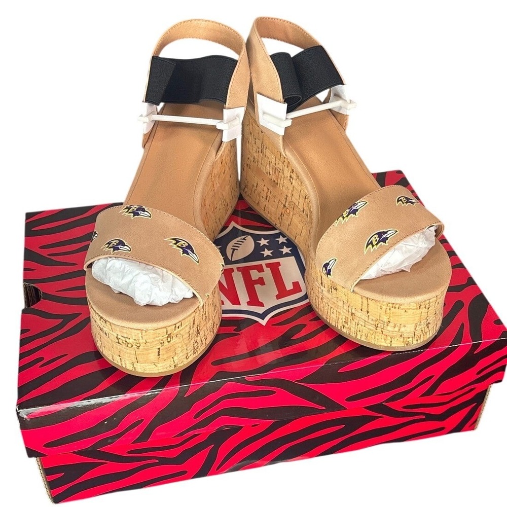 NFL Baltimore Ravens Wedge Sandals Tan Cork Platform Slingback Women Shoes NEW 7